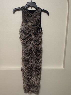 LG Sleeveless Ruched Animal-Print Midi Dress in Brown and Black